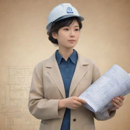 A Studio Ghibli-style animation image of a woman dressed in architect attire, with rolled blueprints in her hand, reflecting warmth, wisdom, and professionalism.