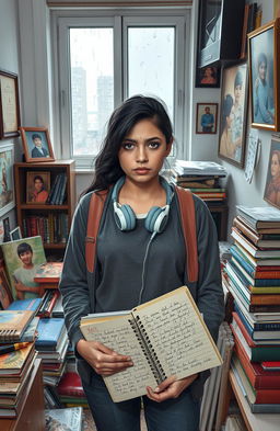 A young woman standing in a small, cluttered apartment room, surrounded by various family portraits and schoolbooks