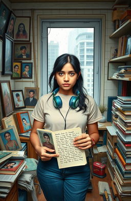 A young woman standing in a small, cluttered apartment room, surrounded by various family portraits and schoolbooks