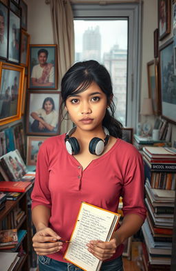 A young woman standing in a small, cluttered apartment room, surrounded by various family portraits and schoolbooks