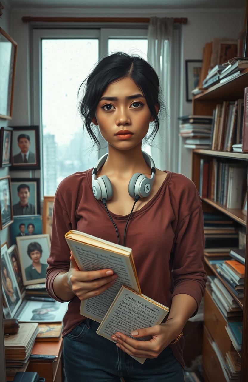 A young woman standing in a small, cluttered apartment room, surrounded by various family portraits and schoolbooks