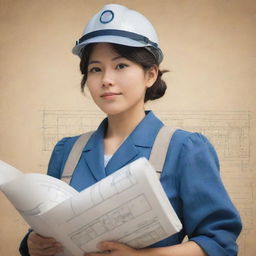 A Studio Ghibli-style animation image of a woman dressed in architect attire, with rolled blueprints in her hand, reflecting warmth, wisdom, and professionalism.