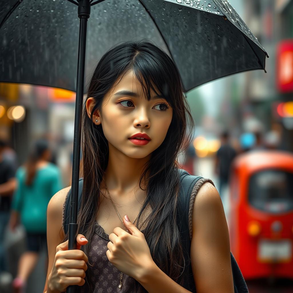 A girl standing outdoors on a rainy day, with droplets of rain falling and bouncing off her umbrella