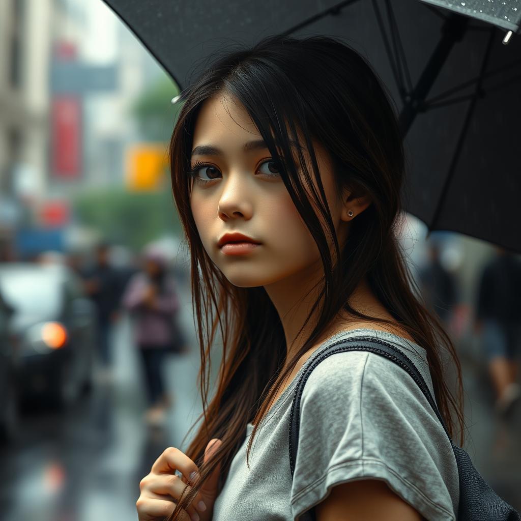 A girl standing outdoors on a rainy day, with droplets of rain falling and bouncing off her umbrella