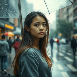 A girl standing outdoors on a rainy day, with droplets of rain falling and bouncing off her umbrella