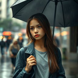 A girl standing outdoors on a rainy day, with droplets of rain falling and bouncing off her umbrella