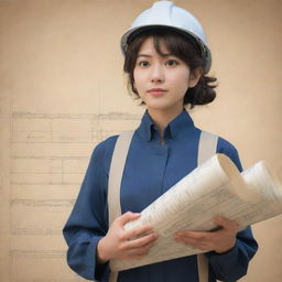 A Studio Ghibli-style animation image of a woman dressed in architect attire, with rolled blueprints in her hand, reflecting warmth, wisdom, and professionalism.