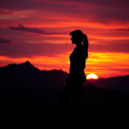 A silhouette of a young woman standing on a mountaintop during sunset, with rain gently falling around her