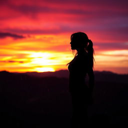 A silhouette of a young woman standing on a mountaintop during sunset, with rain gently falling around her