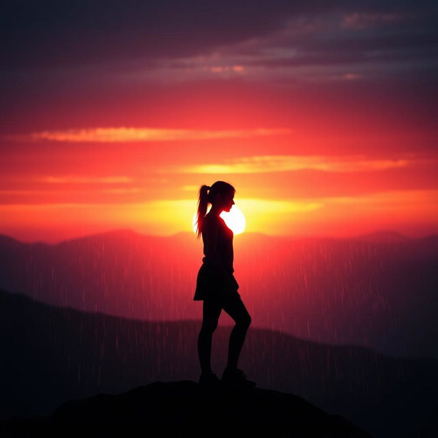 A silhouette of a young woman standing on a mountaintop during sunset, with rain gently falling around her