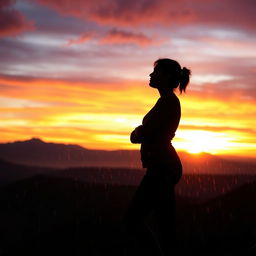 A silhouette of a young woman standing on a mountaintop during sunset, with rain gently falling around her