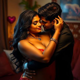 A sensual and intimate scene featuring a beautiful Indian woman with a voluptuous figure in a passionate embrace with a partner