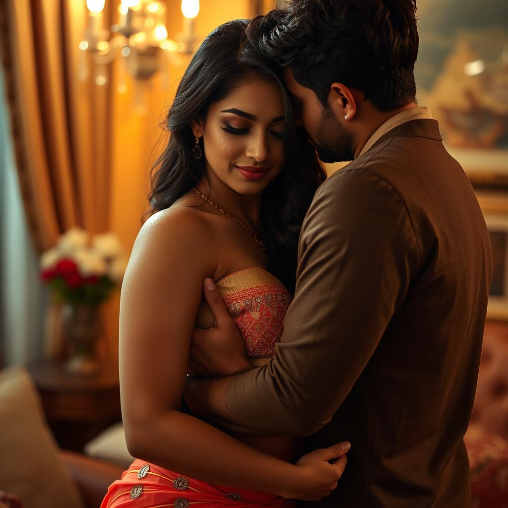 A sensual and intimate scene featuring a beautiful Indian woman with a voluptuous figure in a passionate embrace with a partner