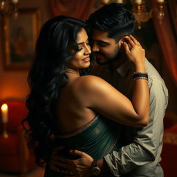 A sensual and intimate scene featuring a beautiful Indian woman with a voluptuous figure in a passionate embrace with a partner