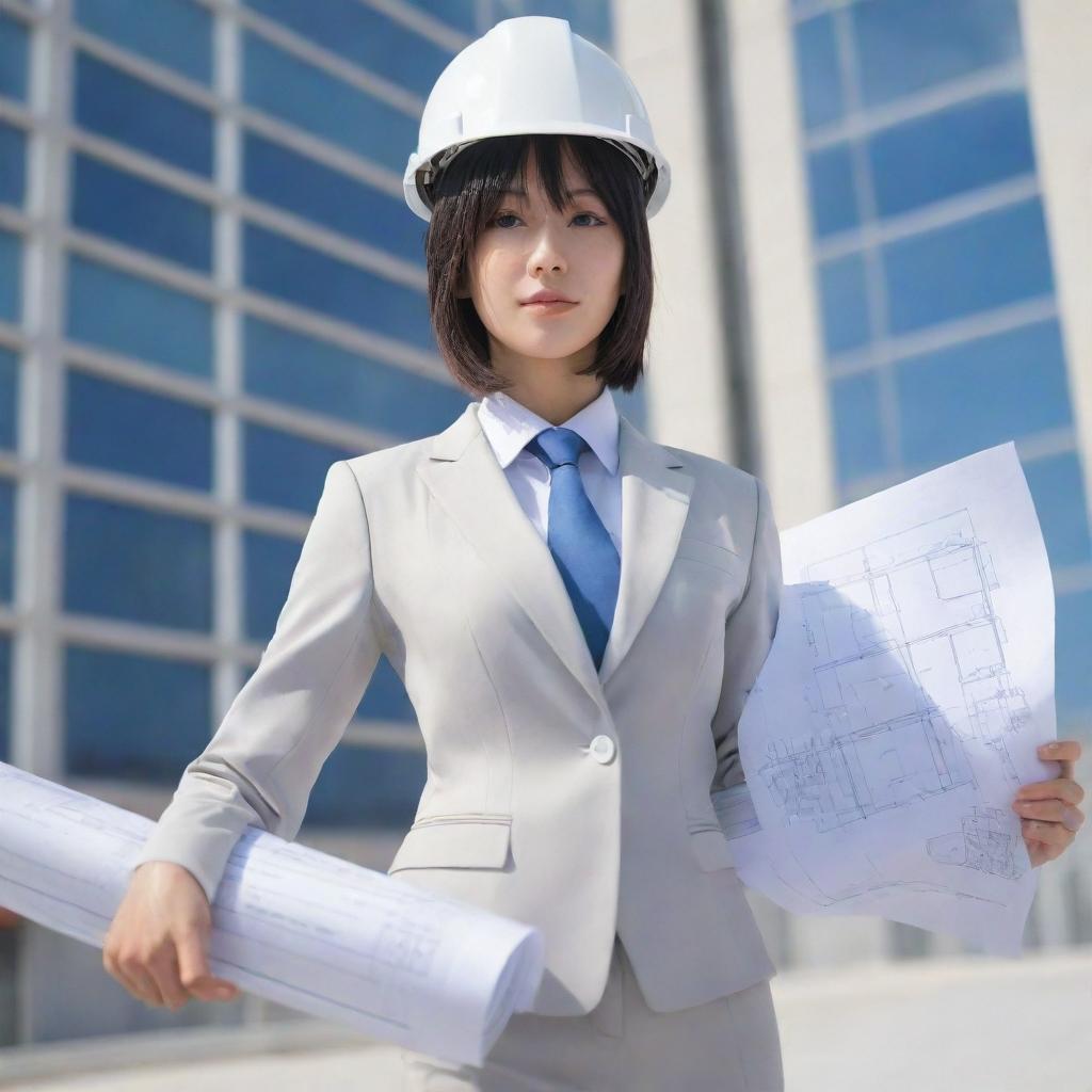 An anime-style image of a woman dressed in a professional architectural suit, holding blueprints, exhibiting both her creativity and structured discipline.