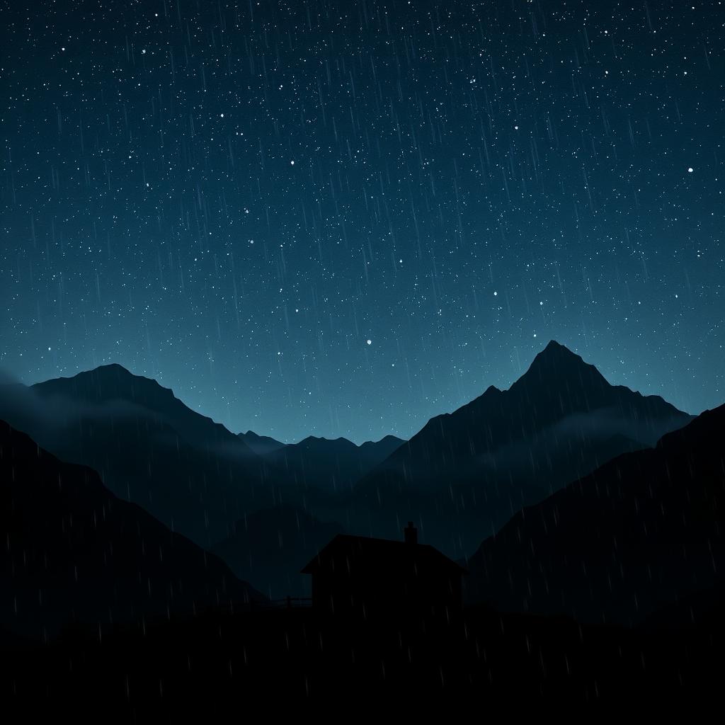 A silhouette of a quaint, small house standing alone in a mountainous landscape, set against a starry night sky