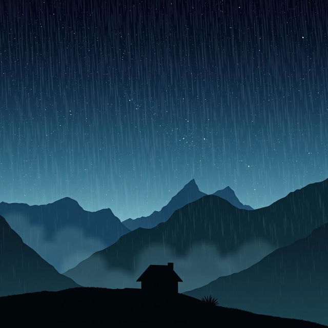 A silhouette of a quaint, small house standing alone in a mountainous landscape, set against a starry night sky