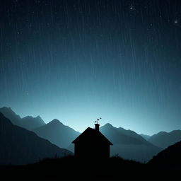 A silhouette of a quaint, small house standing alone in a mountainous landscape, set against a starry night sky