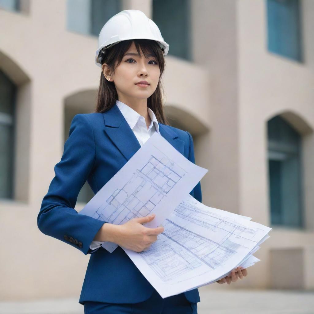 An anime-style image of a woman dressed in a professional architectural suit, holding blueprints, exhibiting both her creativity and structured discipline.