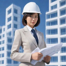 An anime-style image of a woman dressed in a professional architectural suit, holding blueprints, exhibiting both her creativity and structured discipline.