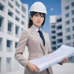 An anime-style image of a woman dressed in a professional architectural suit, holding blueprints, exhibiting both her creativity and structured discipline.