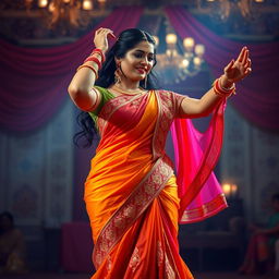 A mesmerizing depiction of a voluptuous Indian woman gracefully performing a traditional dance