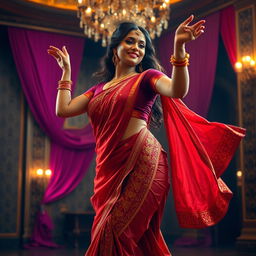 A mesmerizing depiction of a voluptuous Indian woman gracefully performing a traditional dance