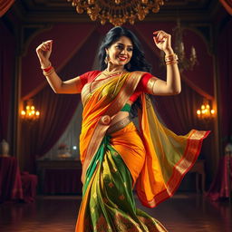 A mesmerizing depiction of a voluptuous Indian woman gracefully performing a traditional dance