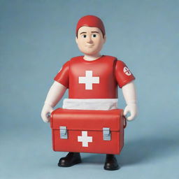 A cartoon character showcasing bravery and readiness to assist others, expertly using a first aid kit.