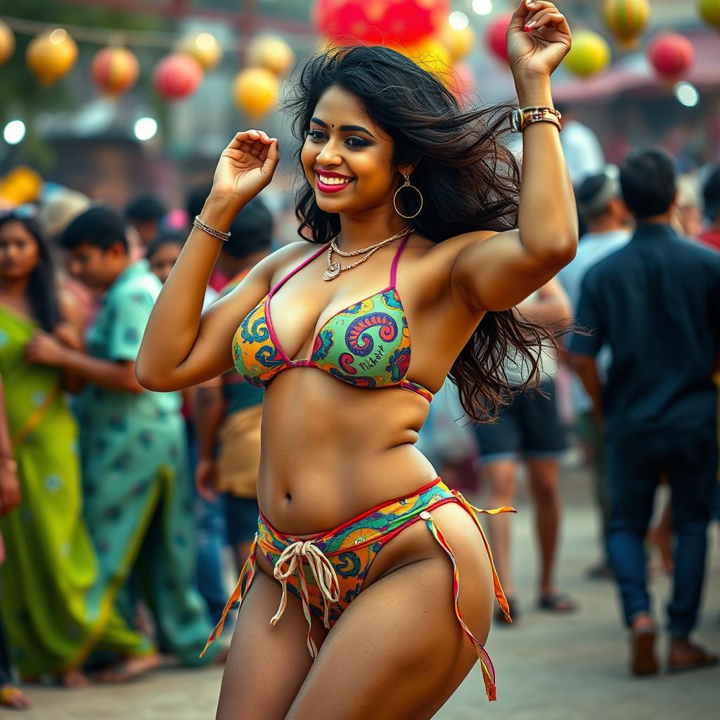 A captivating scene featuring a confident Indian woman with a voluptuous figure dancing energetically in a public setting, showcasing her vibrant personality and charm