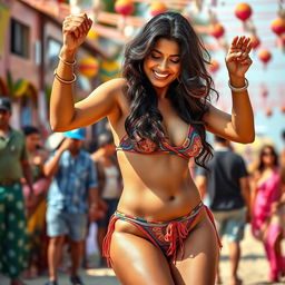 A captivating scene featuring a confident Indian woman with a voluptuous figure dancing energetically in a public setting, showcasing her vibrant personality and charm