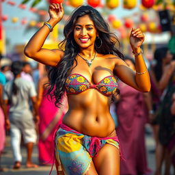 A captivating scene featuring a confident Indian woman with a voluptuous figure dancing energetically in a public setting, showcasing her vibrant personality and charm