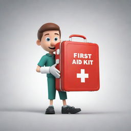 A cartoon character showcasing bravery and readiness to assist others, expertly using a first aid kit.