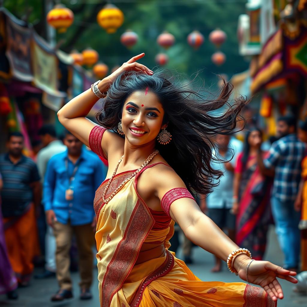 A striking scene of a confident Indian woman with an elegant and captivating presence, embodying the spirit of dance in a public setting