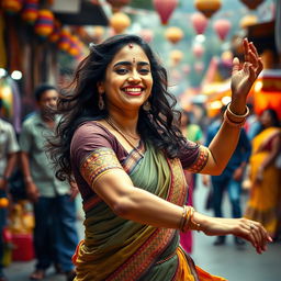 A striking scene of a confident Indian woman with an elegant and captivating presence, embodying the spirit of dance in a public setting