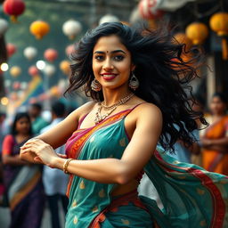 A striking scene of a confident Indian woman with an elegant and captivating presence, embodying the spirit of dance in a public setting