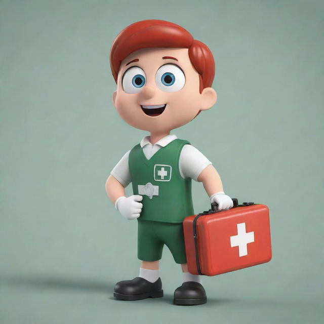 A cartoon character showcasing bravery and readiness to assist others, expertly using a first aid kit.