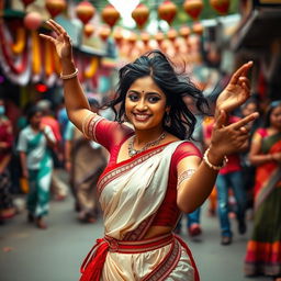 A striking scene of a confident Indian woman with an elegant and captivating presence, embodying the spirit of dance in a public setting