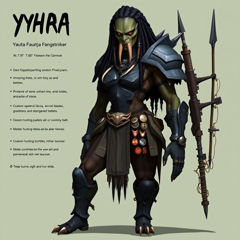 A towering Yautja warrior named Yhara Fangstriker, standing at 7'8" with a muscular and battle-scarred physique