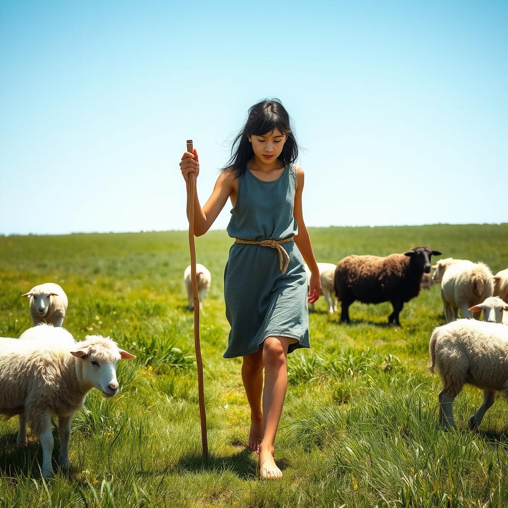 A young and beautiful shepherdess, 18 years old, with fair skin and disheveled black hair, guiding her sheep to graze