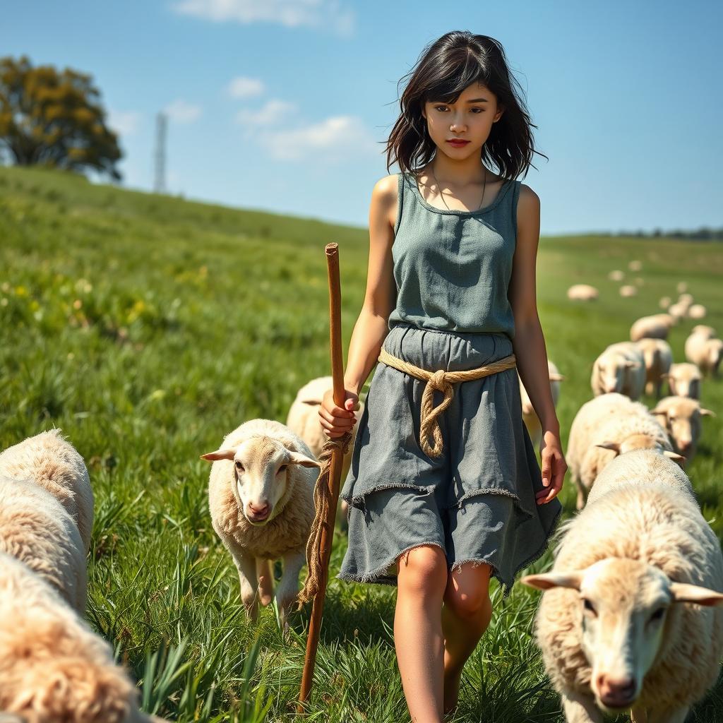 A young and beautiful shepherdess, 18 years old, with fair skin and disheveled black hair, guiding her sheep to graze