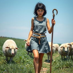 A young and beautiful shepherdess, 18 years old, with fair skin and disheveled black hair, guiding her sheep to graze