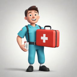 A cartoon character showcasing bravery and readiness to assist others, expertly using a first aid kit.