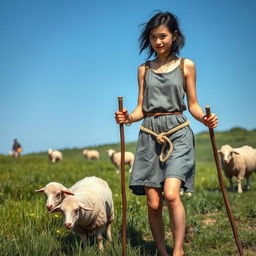 A young and beautiful shepherdess, 18 years old, with fair skin and disheveled black hair, guiding her sheep to graze