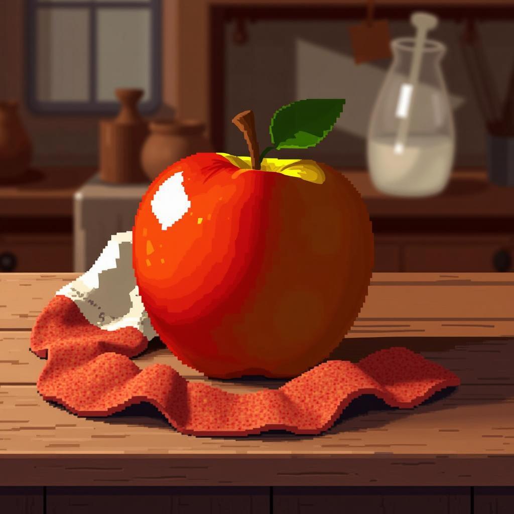 pixel art still life featuring an apple on a rustic wooden table, showcasing an apple with detailed pixel shading and highlights to emphasize its roundness and juiciness, accompanied by a small knife and crumpled cloth for added realism, with a softly lit cozy kitchen background, subtle reflections to create depth and warmth, evoking an inviting and nostalgic atmosphere