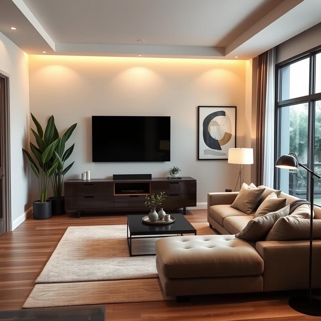 Design a modern and stylish living room with a focus on the TV area