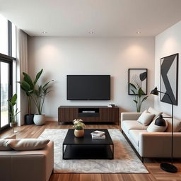 Design a modern and stylish living room with a focus on the TV area