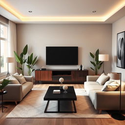 Design a modern and stylish living room with a focus on the TV area