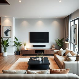 Design a modern and stylish living room with a focus on the TV area