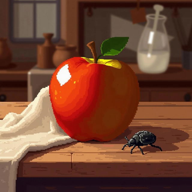 pixel art scene featuring a still life with an apple and a beetle, the apple glistens with detailed pixel shading on a rustic wooden table, a large kitchen towel draped nearby, a small beetle adds a touch of life, the softly lit background suggests a cozy kitchen ambiance, blending warmth and nostalgia in its visuals